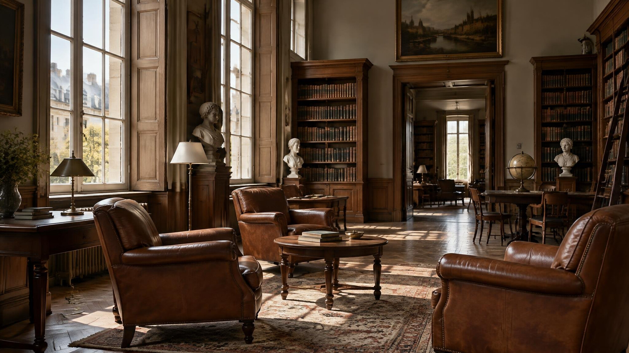 Quiet reading room with warm natural light and empty armchairs