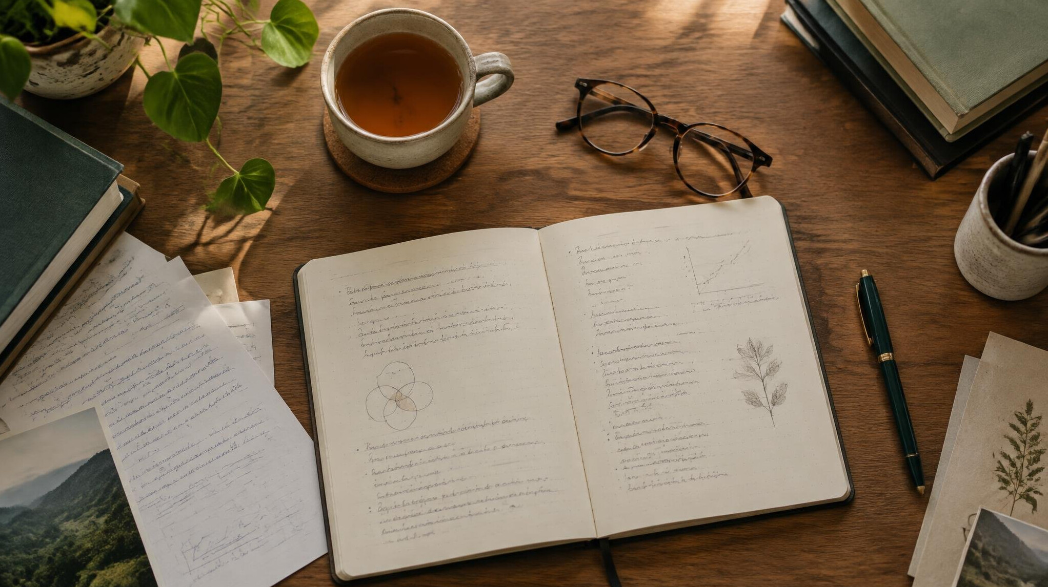 Research desk with handwritten notes, a notebook and reading glasses