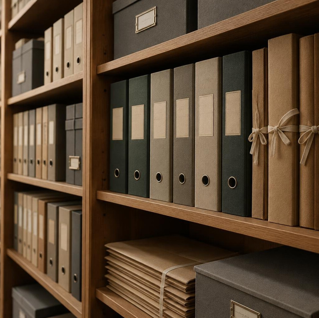 Close-up of wooden archive shelving with bound folders